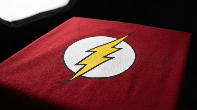 The Flash Superhero Emblem on a Red Fabric Surface.