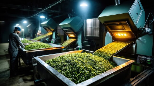 Tea factory workers processing fresh green tea leaves