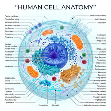 Human cell anatomy diagram showing internal organelles like mitochondria nucleus and endoplasmic reticulum with clear labels for biology educational study purposes