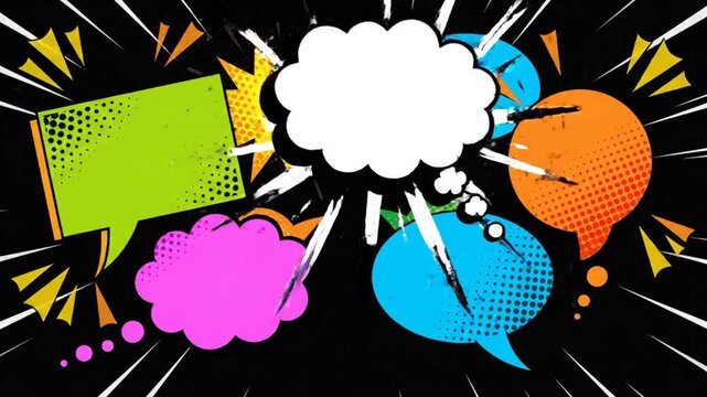 Comic book art style explosion with vibrant speech bubbles and dynamic movement on black background