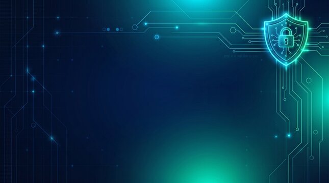 Abstract Cyber Security Data Protection Background Template with Glowing Digital Shield Lines and Copy Space