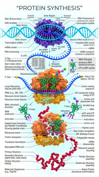Protein synthesis illustration showing transcription and translation processes with detailed molecular structures, complex biological labels, and vibrant educational colorful diagrams