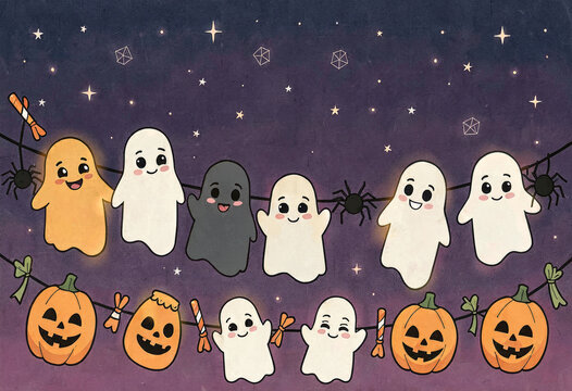 Cute flat vector Halloween set with friendly pumpkins, ghosts, cats and bats on night sky