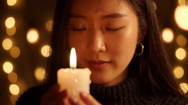 Young woman holding a glowing candle in her hands with soft bokeh background