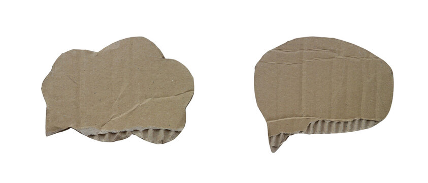 Recycled cardboard speech bubble cutouts set on a transparent background