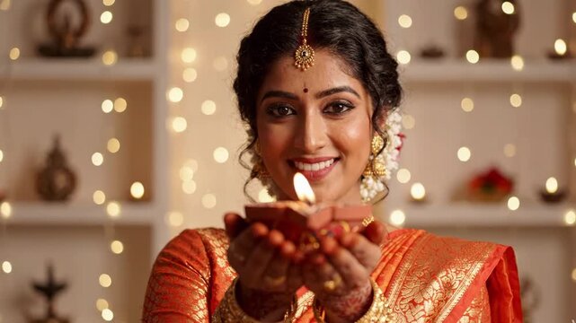 Indian woman in traditional saree holding a lit diya lamp during diwali festival celebration