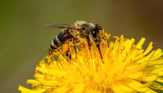 Close-up of a bee collecting nectar from a vibrant yellow dandelion flower.