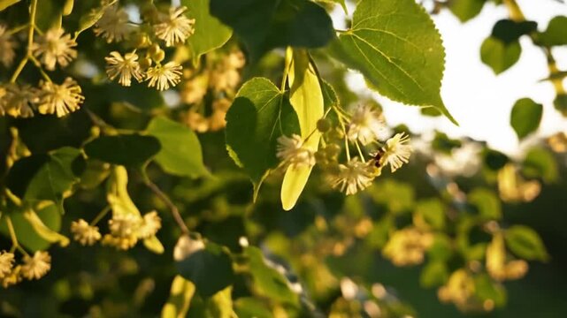 Linden tree flowers in full bloom with sunlight illuminating the fresh green leaves and tiny blossoms in summer