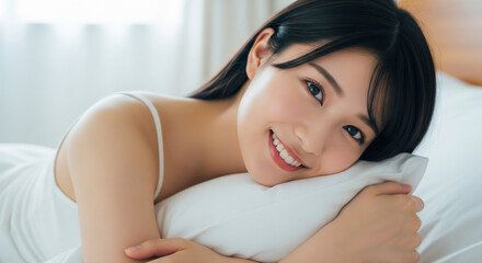Fototapeta premium 枕を抱きしめて幸せそうに微笑むキャミソール姿の女性