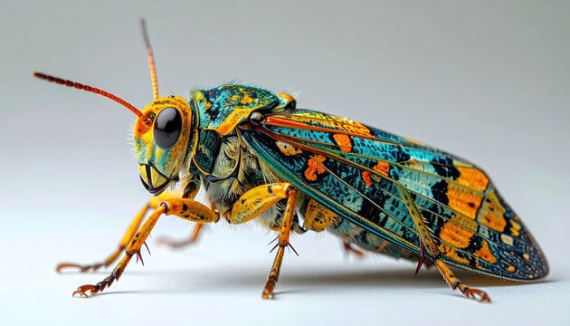 Close-up of a colorful Fulgorid planthopper insect with intricate patterns.