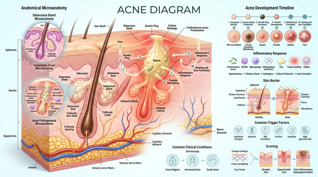 Acne diagram illustrating skin microanatomy sebaceous glands follicular blockage inflammatory response and developmental stages of human skin pore health issues