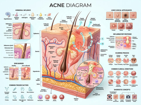 Acne formation diagram illustrating human skin anatomy with detailed cellular processes of hair follicles and sebum production for educational purposes