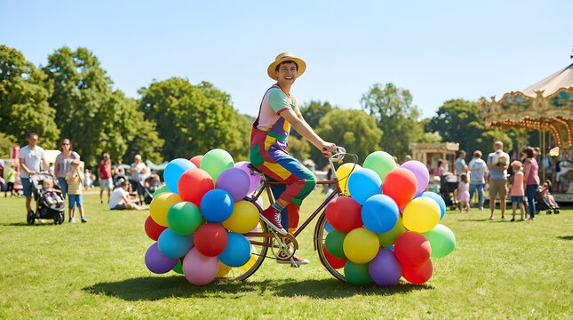 Cyclist in colorful overalls rides a bicycle decorated with many vibrant balloons through a park.