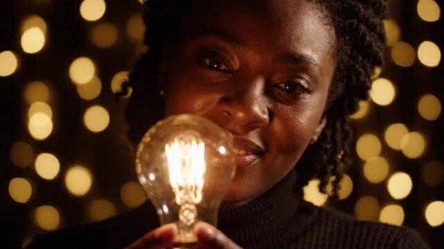 Portrait of a smiling African American woman holding a glowing light bulb with bokeh background.