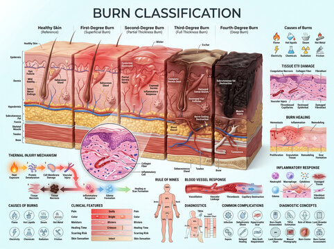 Burn classification chart displaying anatomical skin layers along with injury mechanisms and medical healing processes for educational biological health research