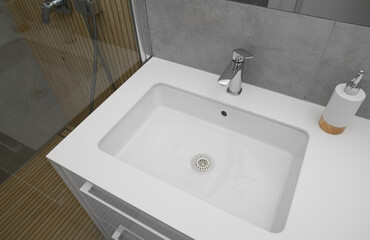 Fototapeta premium A white washbasin with a nickel-plated washbasin tap in the bathroom
