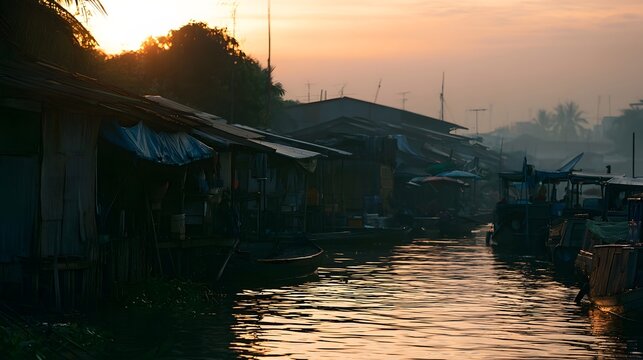 Sunset over a quiet waterway lined with stilt houses and moored boats reflecting golden light on calm surface