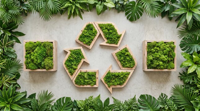 A recycling symbol made of fresh green moss surrounded by a decorative border of various lush tropical leaves
