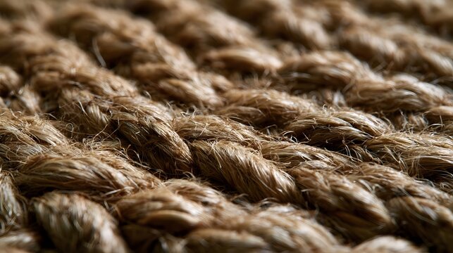 Close up of textured jute rope fibers showing natural woven pattern and warm earthy tones under soft lighting