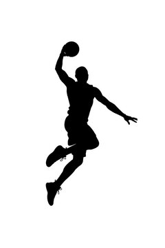 Silhouette of athlete dunking basketball in action pose.
