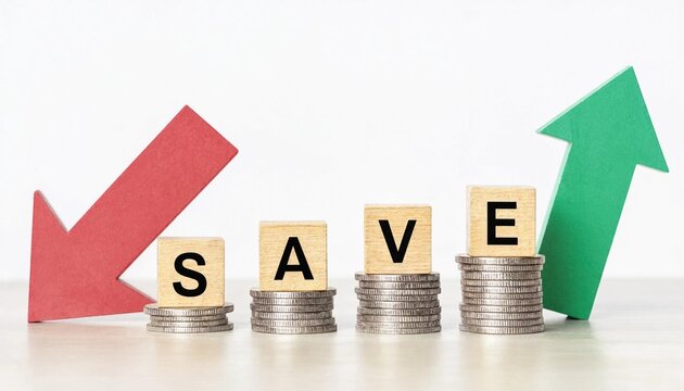 Financial concept illustration showing saving money with upward and downward arrows representing spending and growth