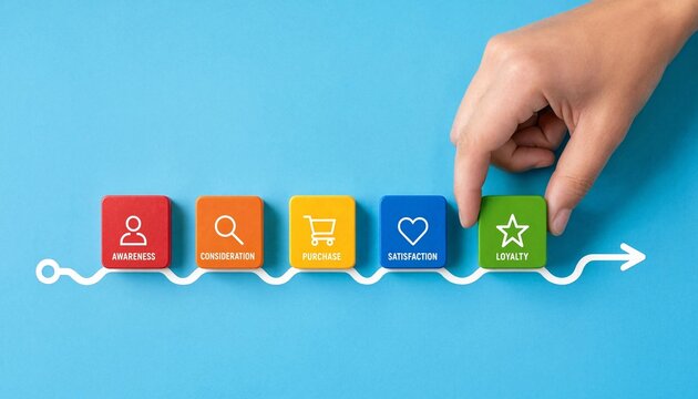 Hand pressing loyalty stage button in customer journey awareness consideration purchase satisfaction progression graphic