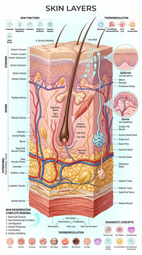 Detailed anatomical illustration showing human skin layers with hair follicles glands nerves blood vessels and diagnostic medical skin condition concepts
