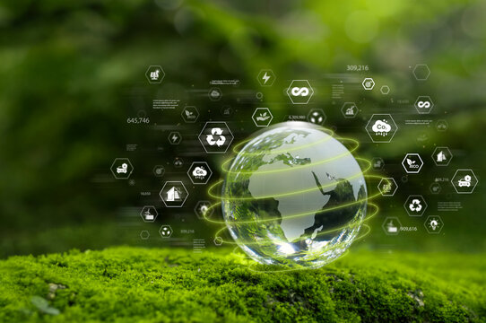 Sustainable Environment concept. ESG, green energy. Carbon emission low neutral, net zero, renewable energy, Green business,EV energy, Climate neutral long term strategy on a green background.