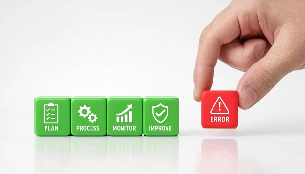 Hand placing error block disrupting continuous improvement process with plan process monitor improve steps