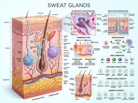 Detailed anatomical illustration showing structure of human sweat glands including eccrine and apocrine types with various biological processes explained clearly