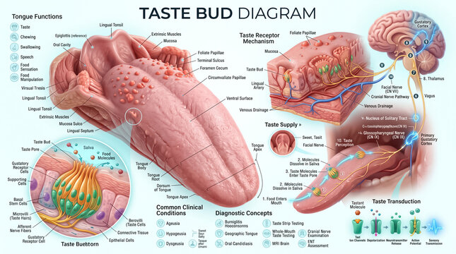 Detailed anatomical illustration showing human tongue functions taste bud mechanisms sensory transmission pathways and physiological structures for scientific medical educational purposes