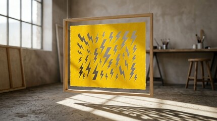 Naklejka premium Vibrant Yellow Artwork with Lightning Bolt Pattern in a Sunlit Studio.