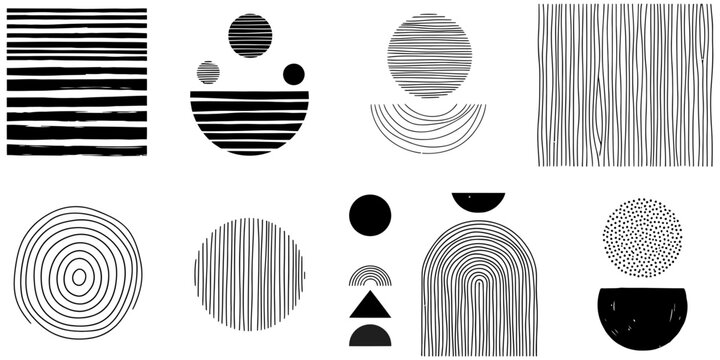 Set of abstract hand drawn geometric shapes and patterns with minimalist black and white line art elements
