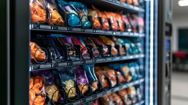 A modern vending hine ed with colorful snack bags arranged neatly on multiple shelves for convenient selection
