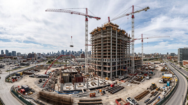 Panoramic construction site with high-rise building