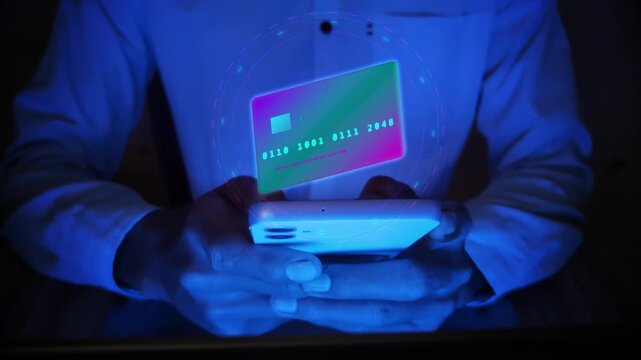 Man using smartphone with holographic credit card and approved badge concept for digital payment, financial transaction, secure authentication, cybersecurity encryption, and mobile banking.
