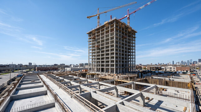 Modern high-rise building under construction with cranes