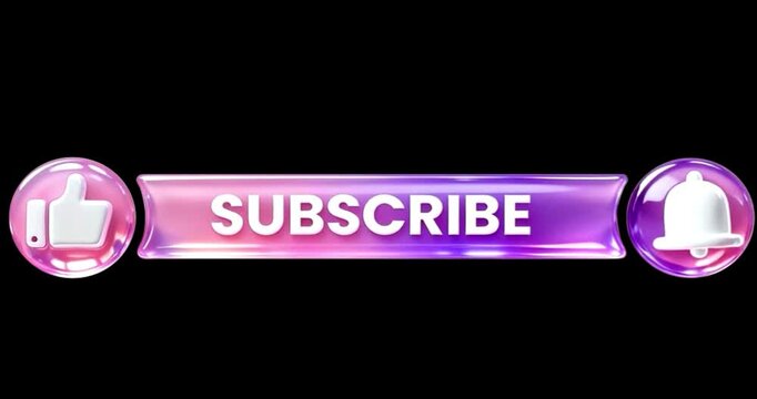 3D glossy purple Subscribe button animation with Like thumbs up and notification bell icons on black background. Vibrant social media call to action overlay for YouTube videos and vlogs.