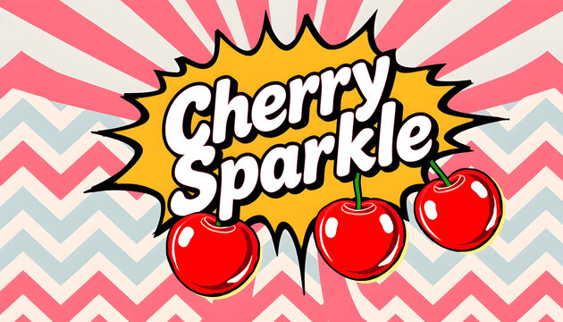 Retro pop art comic title text "Cherry Sparkle", red cherries illustration, sunburst backdrop with red and cream comic explosion bursts and halftone dots.