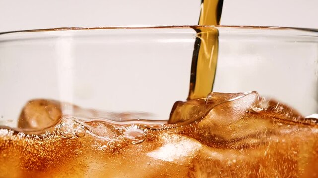 Slow motion closeup pouring cola with ice cubes and bubbles, soft drink texture
