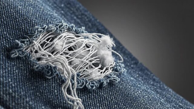 Close-up of ripped denim fabric detail with white threads, frayed edges and isolated against a gray background with texture.