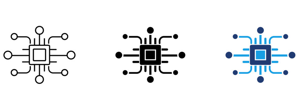 Microchip processor icon with circuit node lines and CPU board unit. Symbol of artificial intelligence, digital technology, hardware component, electronic data transfer, and computer core.