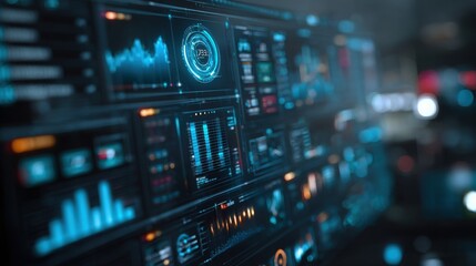 Fototapeta premium Digital monitor showcases an array of glowing blue analytical charts and performance graphs that provide a comprehensive overview of business operations in a high-tech corporate computing environment.