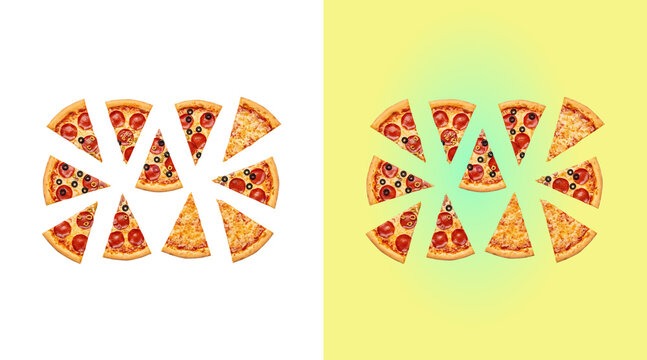 Multiple triangular slices of pepperoni pizza with black olives arranged in a circular pattern, isolated on a clean white background isolated on a transparent background