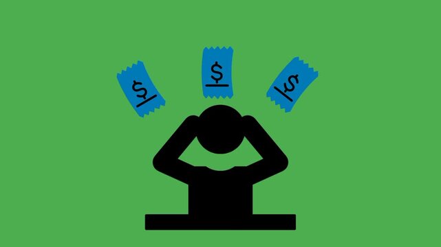 Financial stress concept featuring a worried person surrounded by multiple bill icons. Visual representation of money pressure, expenses, debt, and financial concerns.