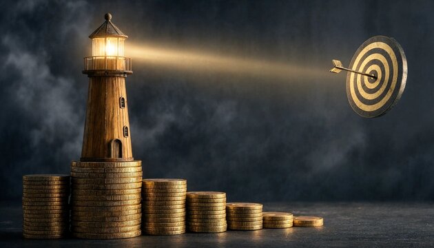 Creative financial concept with lighthouse beam targeting bullseye surrounded by stacked gold coins