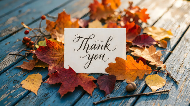 A beautiful autumn scene with colorful fallen leaves surrounding a 'thank you' card perfect for expressing gratitude this