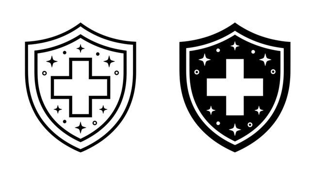Set of medical shield icons with cross and sparkles