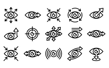 Fototapeta premium Set of black and white line icons representing various movements and actions of the human eye