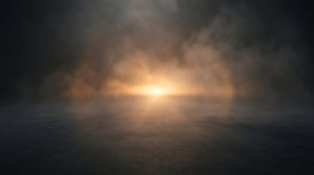 Cinematic dark background with golden light flare and smoke. Dramatic stage floor with misty atmosphere. Abstract spotlight on empty studio surface.